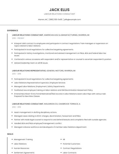 Labour Relations Consultant Resume