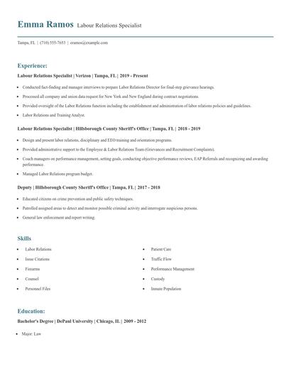 Labour Relations Specialist Resume