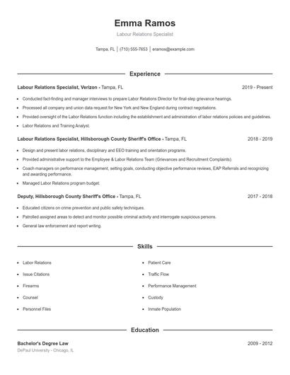 Labour Relations Specialist Resume
