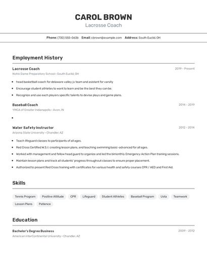 Lacrosse Coach Resume