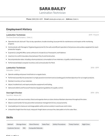 Lamination Technician Resume