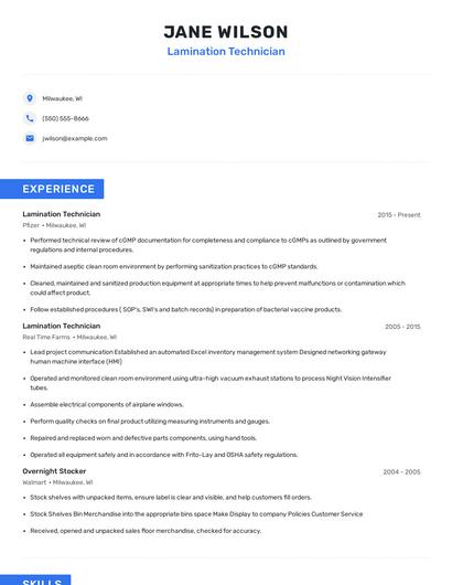 Lamination Technician Resume
