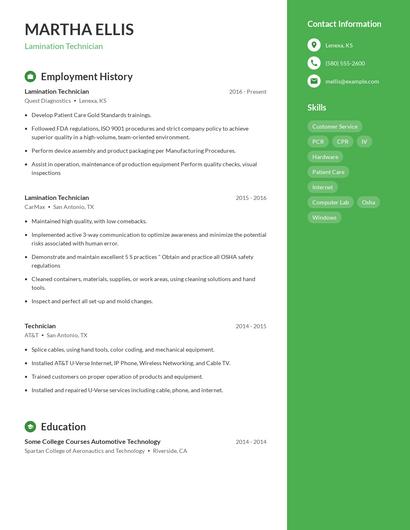 Lamination Technician Resume