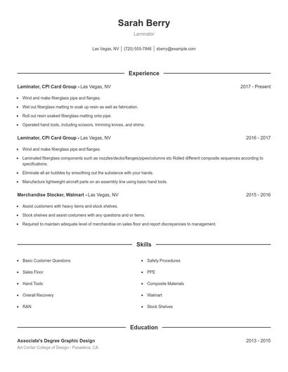 Laminator Resume