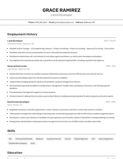 Land Developer Resume