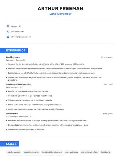 Land Developer Resume