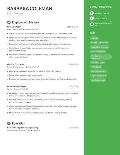 Land Developer Resume