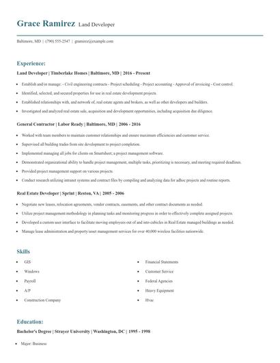 Land Developer Resume