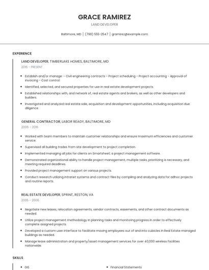 Land Developer Resume