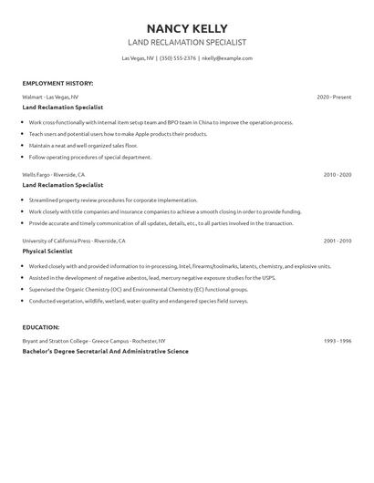 Land Reclamation Specialist Resume