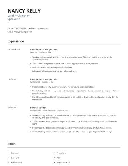 Land Reclamation Specialist Resume