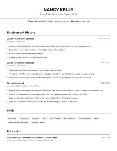 Land Reclamation Specialist Resume