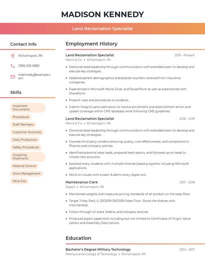 Land Reclamation Specialist Resume
