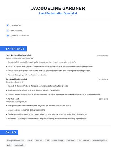 Land Reclamation Specialist Resume