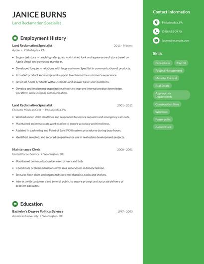 Land Reclamation Specialist Resume