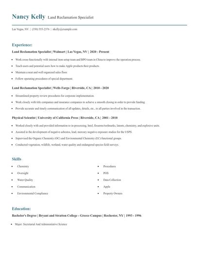 Land Reclamation Specialist Resume