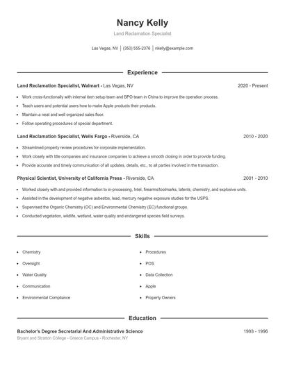 Land Reclamation Specialist Resume