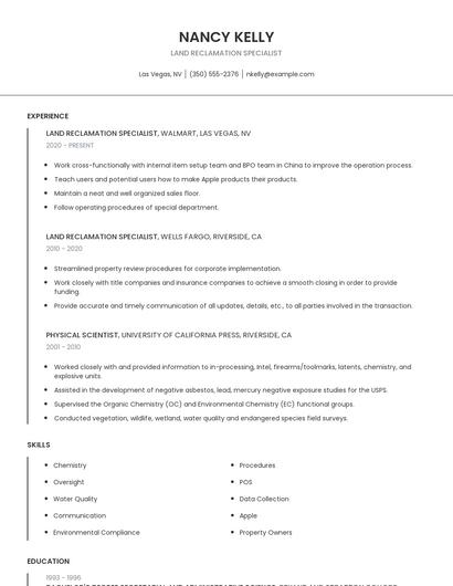 Land Reclamation Specialist Resume