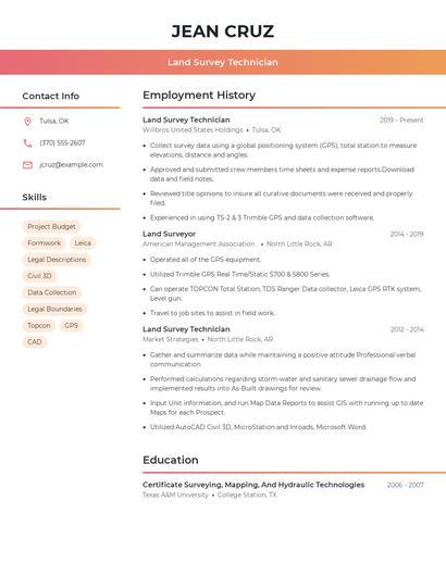 Land Survey Technician Resume