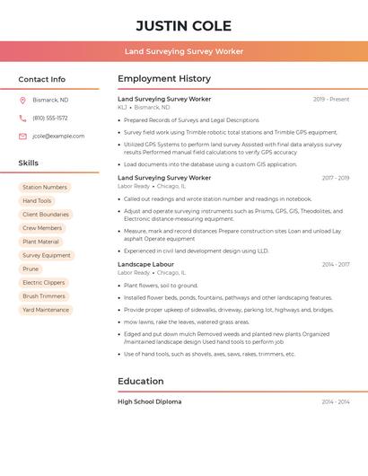 Land Surveying Survey Worker Resume