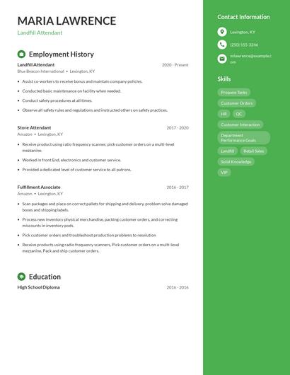 Landfill Attendant Resume