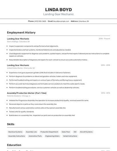Landing Gear Mechanic Resume