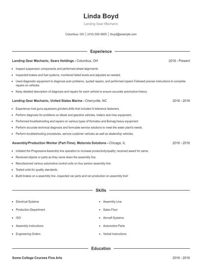 Landing Gear Mechanic Resume