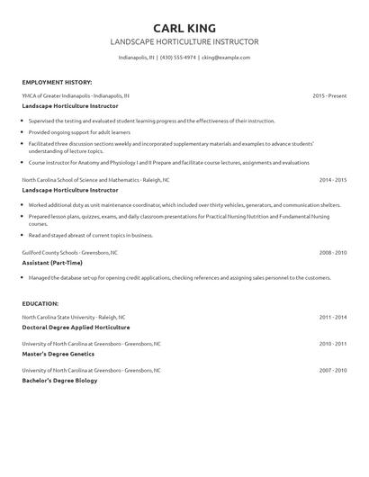 Landscape Horticulture Instructor Resume