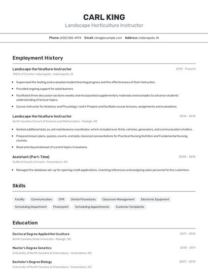 Landscape Horticulture Instructor Resume