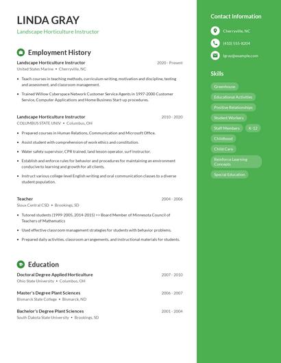 Landscape Horticulture Instructor Resume