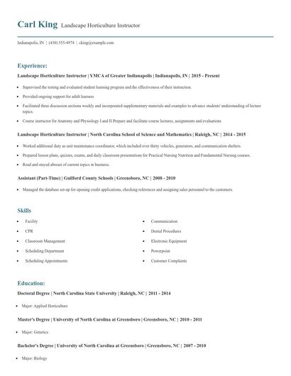 Landscape Horticulture Instructor Resume