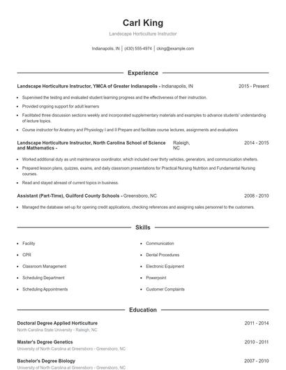 Landscape Horticulture Instructor Resume