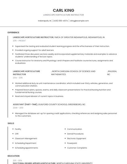 Landscape Horticulture Instructor Resume