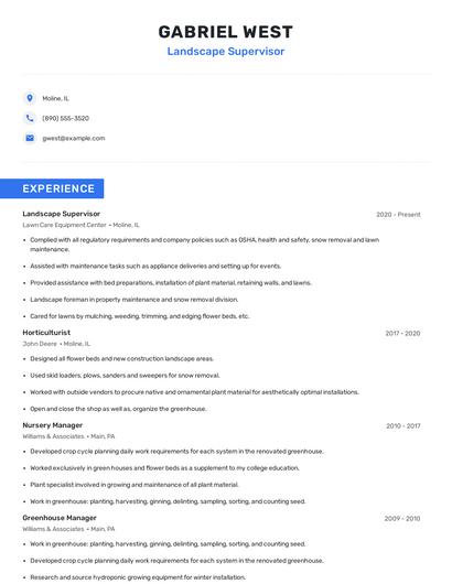 Landscape Supervisor Resume