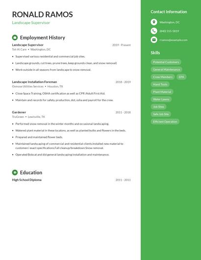 Landscape Supervisor Resume