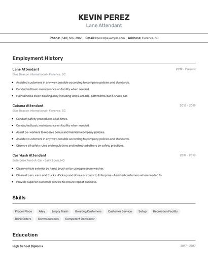 Lane Attendant Resume