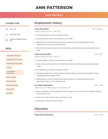 Lane Attendant Resume