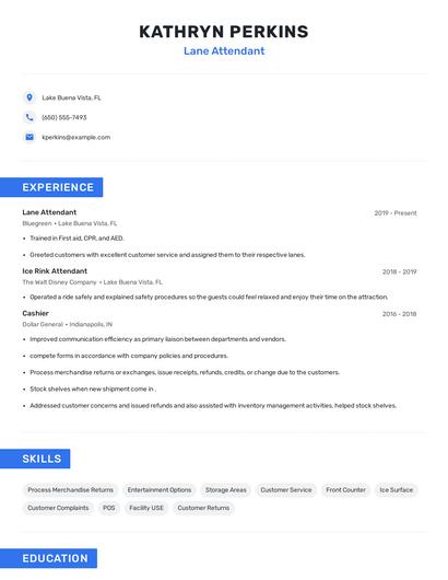 Lane Attendant Resume