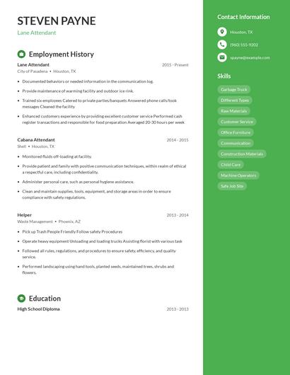 Lane Attendant Resume