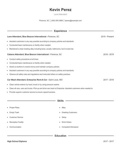 Lane Attendant Resume