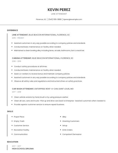 Lane Attendant Resume