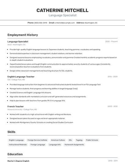 Language Specialist Resume