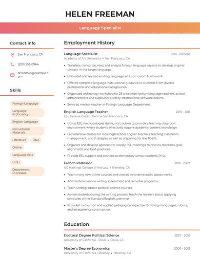 Language Specialist Resume