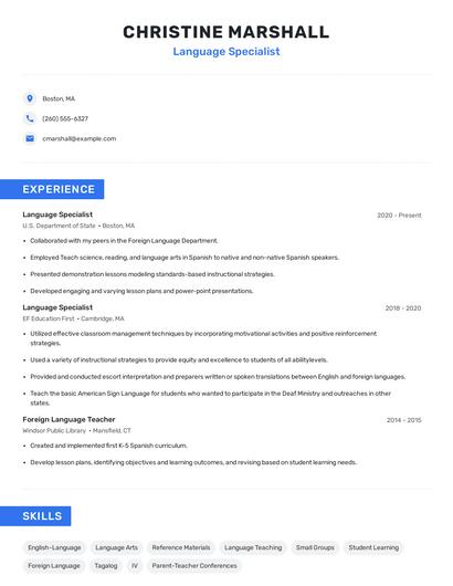 Language Specialist Resume