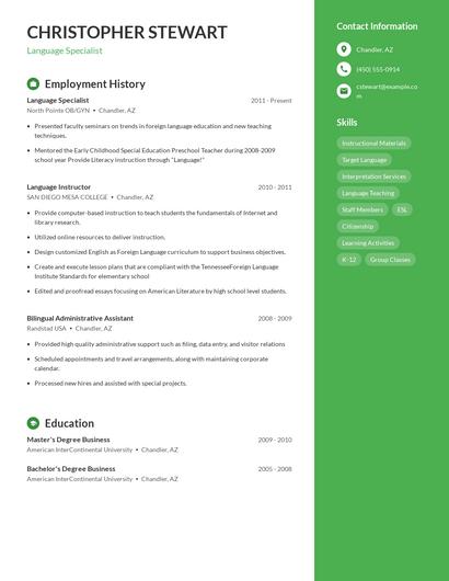 Language Specialist Resume