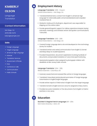 Language Translator Resume