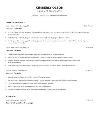 Language Translator Resume