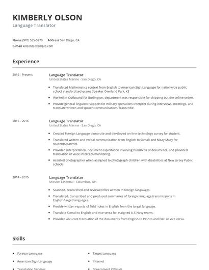 Language Translator Resume