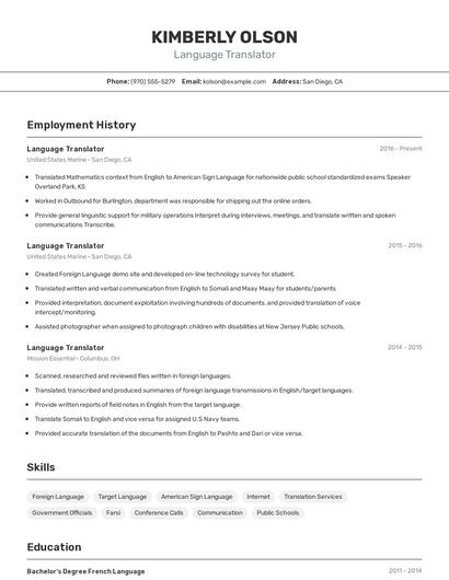 Language Translator Resume