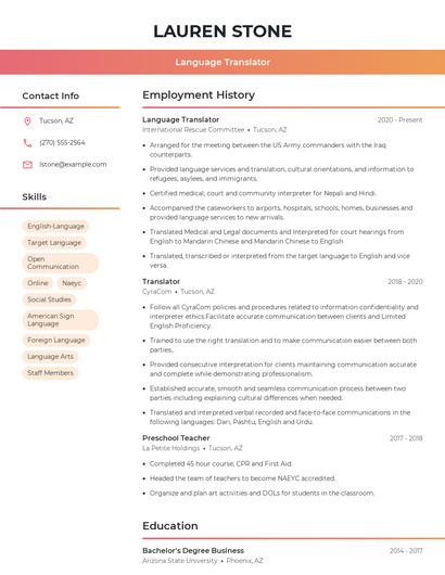Language Translator Resume